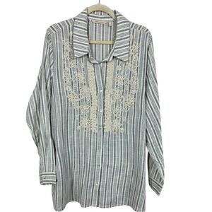 Soft Surroundings Perla Striped Embroidered Tunic Blouse Sz XL embellished